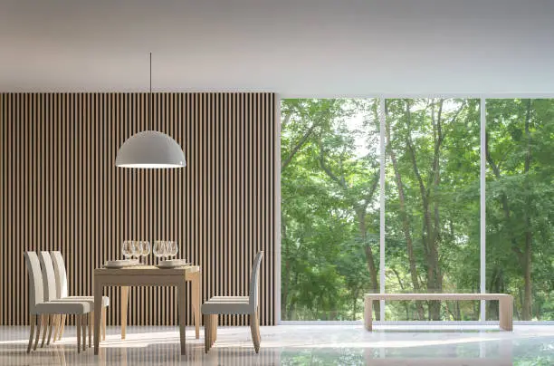 Modern peaceful Dining room in the forest 3D rendering  minimalist style marble white floor decorate wall with wood latticeThere are large windows looking out to experience nature up close.