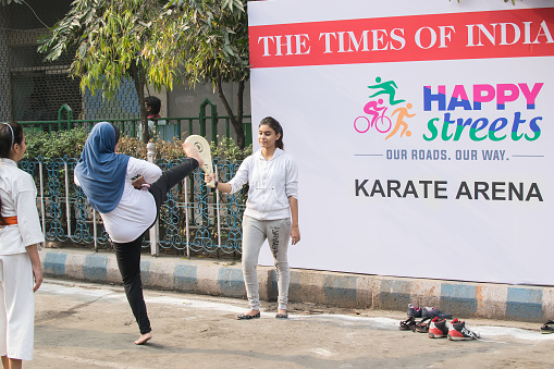 Young girls praticing karate in \