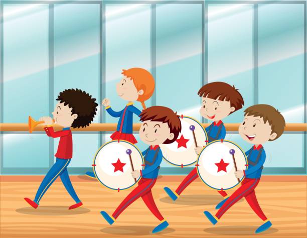 ilustraciones, imágenes clip art, dibujos animados e iconos de stock de niños tocando música en la banda de la escuela - trumpet brass instrument marching band musical instrument