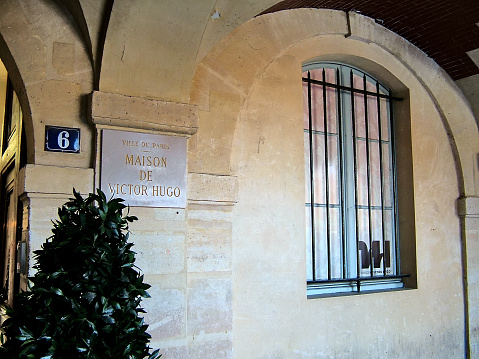 Paris, France - March 20, 2014 - Memorial Plaque apartment of Victor Hugo in the Place des Vosges