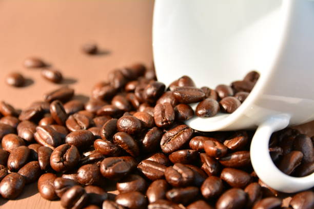 Coffee beans in white cup on wooden table