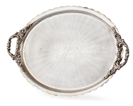 Antique silver tray, isolated on white