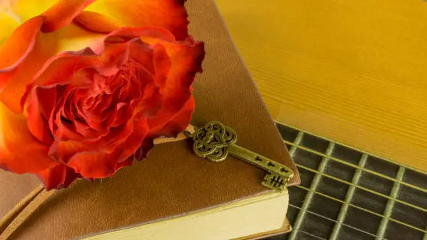 Guitar with a bouquet of roses as a background