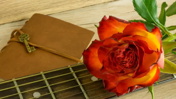 Guitar with a bouquet of roses as a background