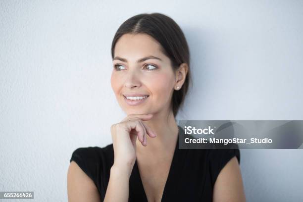 Closeup Of Smiling Pensive Gorgeous Business Woman Stock Photo - Download Image Now - Mature Women, Beauty, Chin