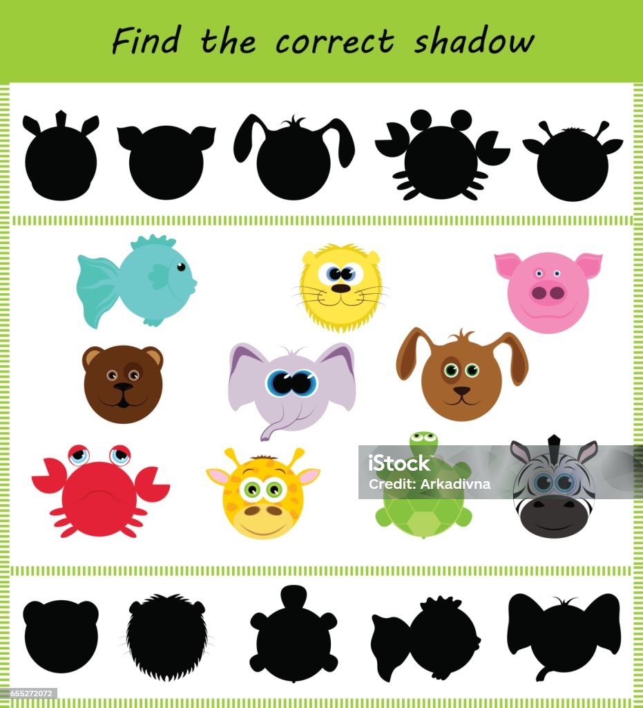 Find the correct shadow: different faces of animals Activity stock vector