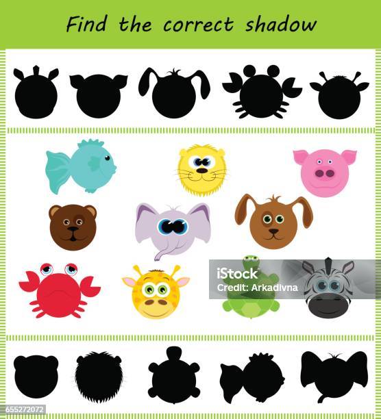 Find The Correct Shadow Different Faces Of Animals Stock Illustration - Download Image Now