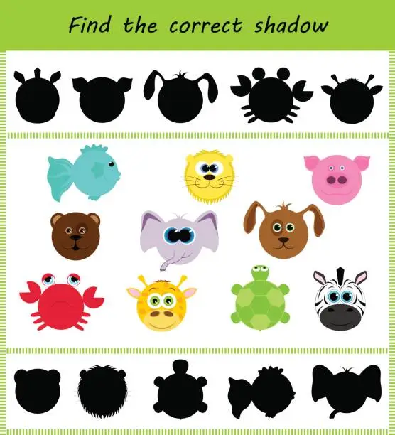 Vector illustration of Find the correct shadow: different faces of animals