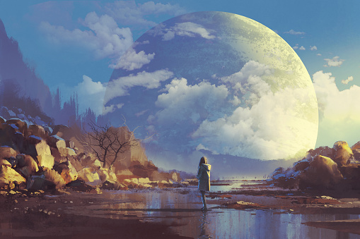 scenery of lonely woman looking at another earth,illustration painting