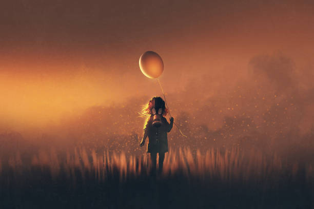 girl with gas mask holding balloon standing in fields at sunset the little girl with gas mask holding balloon standing in fields at sunset,illustration painting gas mask stock illustrations