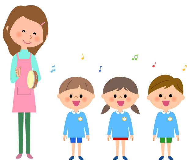 illustrazioni stock, clip art, cartoni animati e icone di tendenza di canto, bambino dell'asilo, bambino della scuola materna - toddler music asian ethnicity child