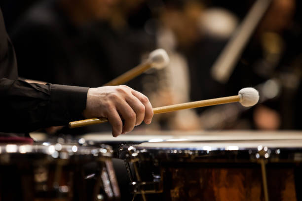 Hands musician playing the timpani in the orchestra Hands musician playing the timpani in the orchestra closeup in dark colors drum percussion instrument photos stock pictures, royalty-free photos & images