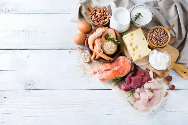 Assortment of healthy protein source and body building food. Meat beef salmon shrimp chicken eggs dairy products milk cheese yogurt beans quinoa nuts oat meal. Copy space background, top view