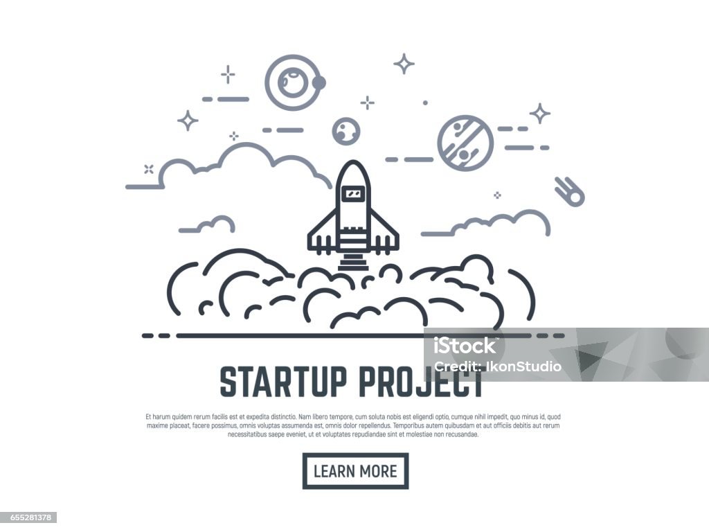 Startup rocket project Startup project vector illustration. Cosmos view. Rocket lunch and smoke. Sky with clouds, planets, stars and satellite. Thin line style banner. Trendy vector placard with text and button. Rocketship stock vector