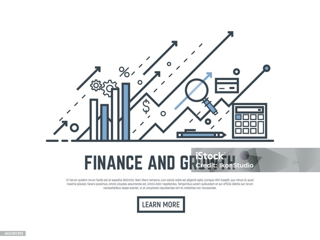 Finance growth banner Financial growth concept illustration. Magnifying glass, calculator, arrows and graph stats. Thin line style banner. Trendy vector placard with text and button. Making Money stock vector