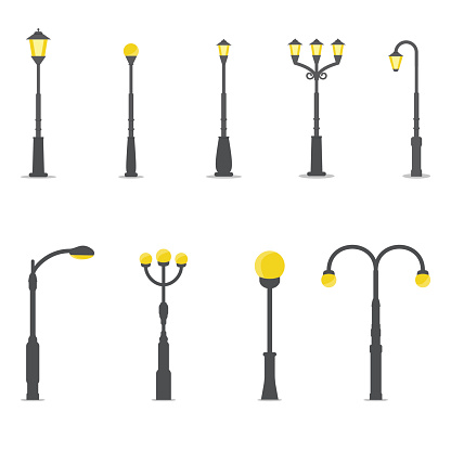 Flat style streetlamp set. Urban road lights and classic park street lamps. Simple and elegant pole with yellow lantern.