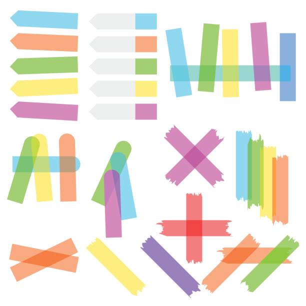 Sticky transparent tape A set of transparent colored adhesive tapes, stickers, and bookmarks isolated on a white background. Single sticky scotch and crossed with each other. Colorful flat style realistic illustration. paper dispenser stock illustrations