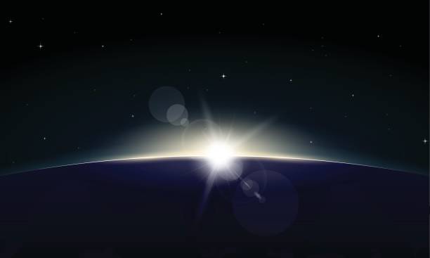 Rising Sun Horizontal poster of rising Sun on Earth. View from space, with glowing on horizon and lens flare. Black space and dark night planet. Beginning of new day. Sun rays and glow. night sky only stock illustrations