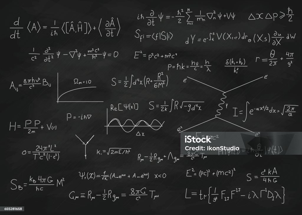 Chalk board with formulas Science blackboard with math. Real physical equations of Einstein relativity theory, string theory and quantum mechanics principles. Used chalkboard with scratches and stains from chalk piece. Quantum Physics stock vector