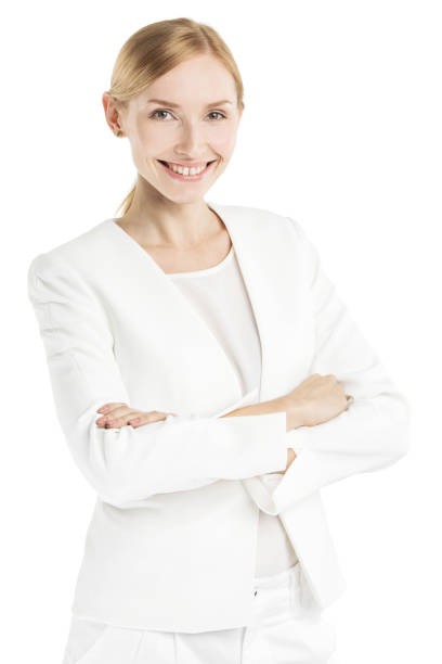 Portrait of mature smiling business woman in white suit isolated on white background