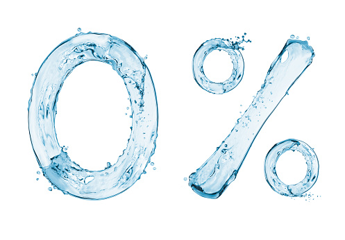 Number 0 and percent sign made with a splash of water on white background