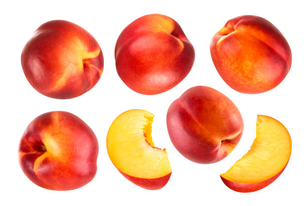 peach isolated. collection of whole and cut peach fruits isolated on white background with clipping path - nectarine imagens e fotografias de stock