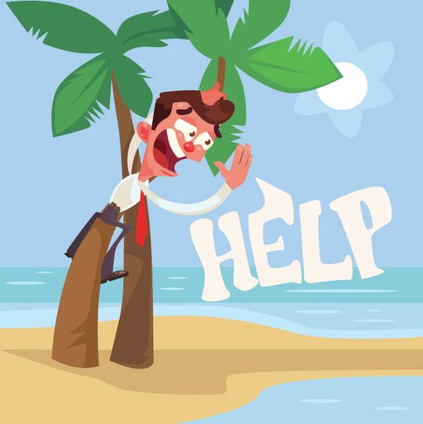 ilustrações de stock, clip art, desenhos animados e ícones de businessman character lost on desert island - stranded beached beach businessman