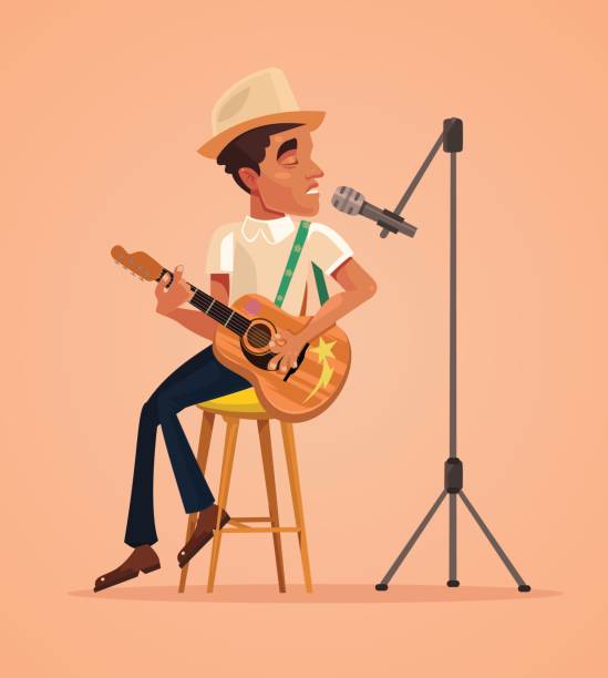 illustrazioni stock, clip art, cartoni animati e icone di tendenza di cantante uomo personaggio cantare canzone e suonare la chitarra - assolo