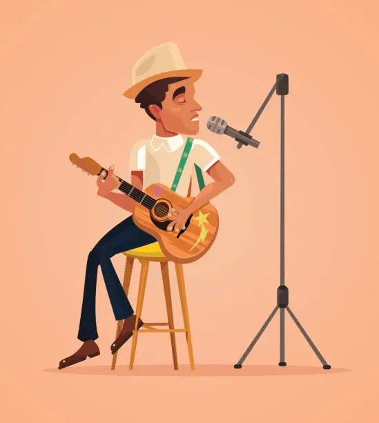 Vector illustration of Singer man character sing song and play guitar