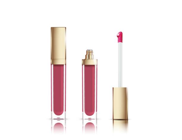 istock Lip gloss in elegant glass bottle with golden lid, closed and open container with brush, isolated on white background. Liquid lipstick. 655319376