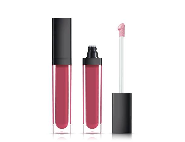 istock Lip gloss in elegant glass bottle with black lid, closed and open container with brush, isolated on white background. Liquid lipstick. 655321684