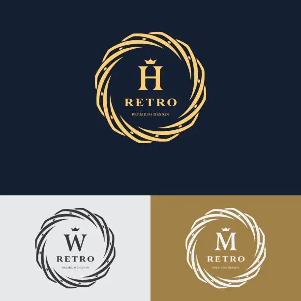 Vector illustration of Emblem of the weaving circle. Monogram design elements, graceful template. Simple logo design Letter H, W, M for Royalty, business card, Boutique, Hotel, Heraldic, Web design. Vector illustration