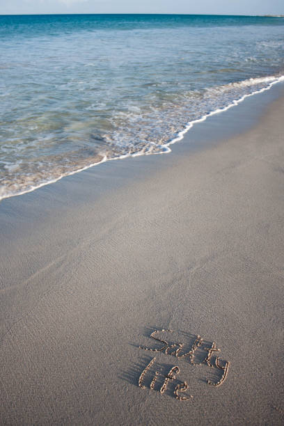 istock Salty life written on sand on clear beach 655327304
