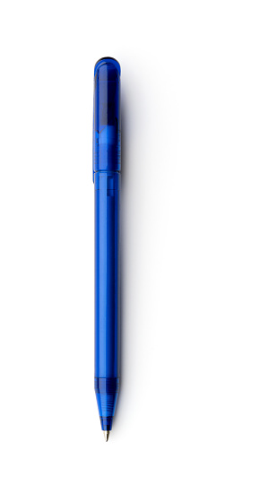 Studio shot of a new modern blue ballpoint pen. Material is plastic. Isolated on a white background