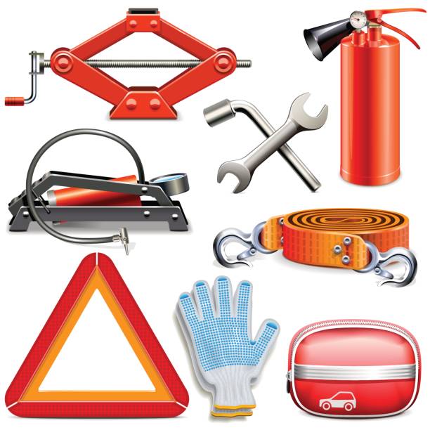 ilustraciones, imágenes clip art, dibujos animados e iconos de stock de accesorios para auto vector - triangle square equipment work tool