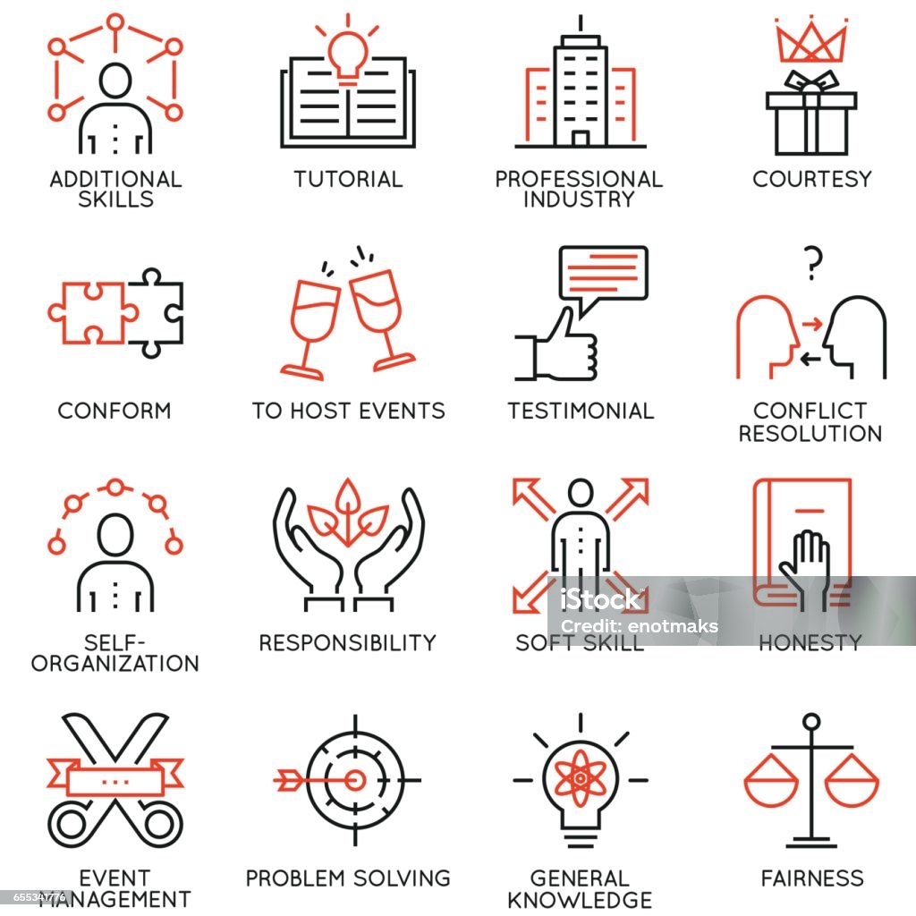 Set vector 16 linéaire d’icônes de qualité associés à la gestion de l’entreprise, stratégie, déroulement de carrière et plan de travai - partie 6 - clipart vectoriel de Honnêteté libre de droits