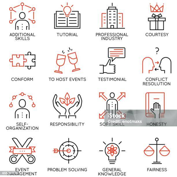 Set Vector 16 Linéaire Dicônes De Qualité Associés À La Gestion De Lentreprise Stratégie Déroulement De Carrière Et Plan De Travai Partie 6 Vecteurs libres de droits et plus d'images vectorielles de Honnêteté