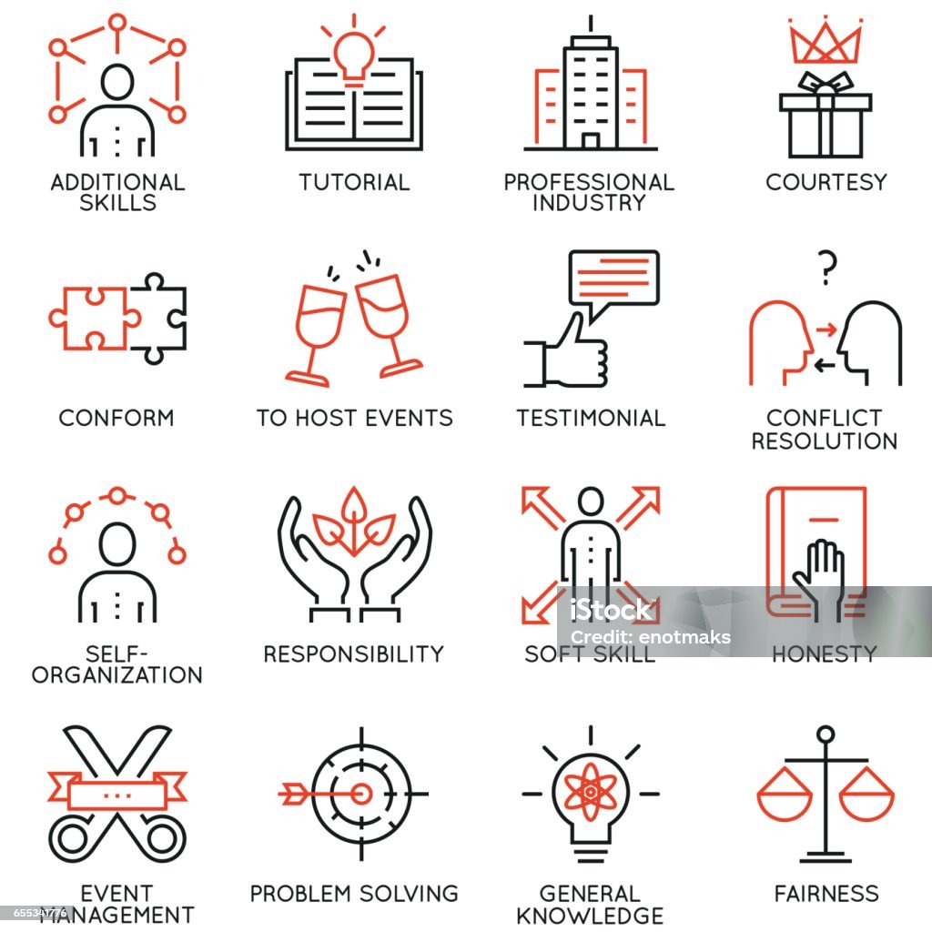 Vector set of 16 linear quality icons related to business management, strategy, career progress and business process - part 6 Vector set of 16 linear quality icons related to business management, strategy, career progress and business process. Mono line pictograms and infographics design elements - part 6 Honesty stock vector