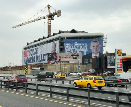 Istanbul,Turkey -March 19,2017:Topkapi District in Iswtanbul.Banners for the referendum in support of the Justice and Development Party (AKP) and President Recep Tayyip Erdogan's proposed amendments to the constitution. Photos taken in Istanbul.