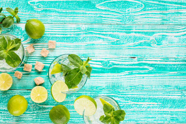 istock mojito in glasses on turquoise colored wooden table, top view 655363284