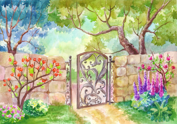 istock Watercolor landscape, The gate to the garden. 655376388