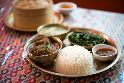 Traditional Nepalese food - thali (dal bhat) in a restaurant