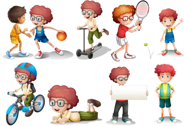 illustrazioni stock, clip art, cartoni animati e icone di tendenza di ragazzo con i capelli ricci in diverse azioni - bicycle isolated basket red