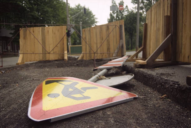 Road under construction, road sign fell on ground