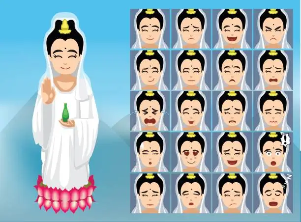 Vector illustration of Chinese Guan Yin Cartoon Emotion faces Vector Illustration