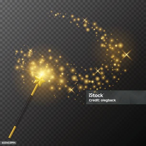 Vector Golden Magic Wand With Glow Light On Transparent Background Stock Illustration - Download Image Now