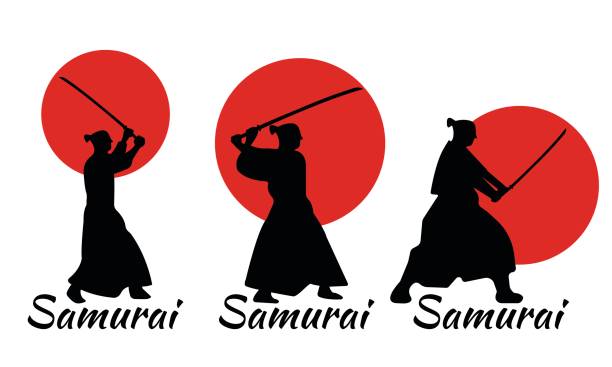 ilustrações, clipart, desenhos animados e ícones de 3 japonês samurai warriors silhueta com espada katana. - blade war traditional culture japanese culture