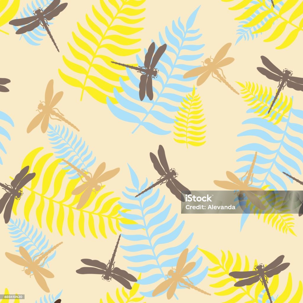 Dragonfly seamless pattern. Vector illustration. Seamless pattern with dragonflies and leaf of ferns isolated on background. Abstract stock vector