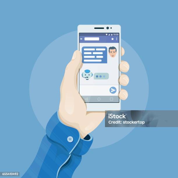 Hand Holding Smartphone With Chatting Bot Application On The Screen Chatbot Concept Mans Hand Holding A Phone Concept Stock Illustration - Download Image Now