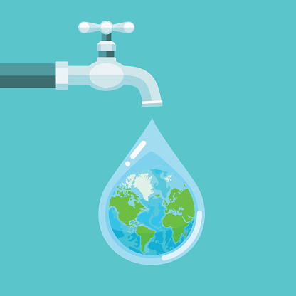Vector illustration of water tap with the Earth globe inside water drop on blue background